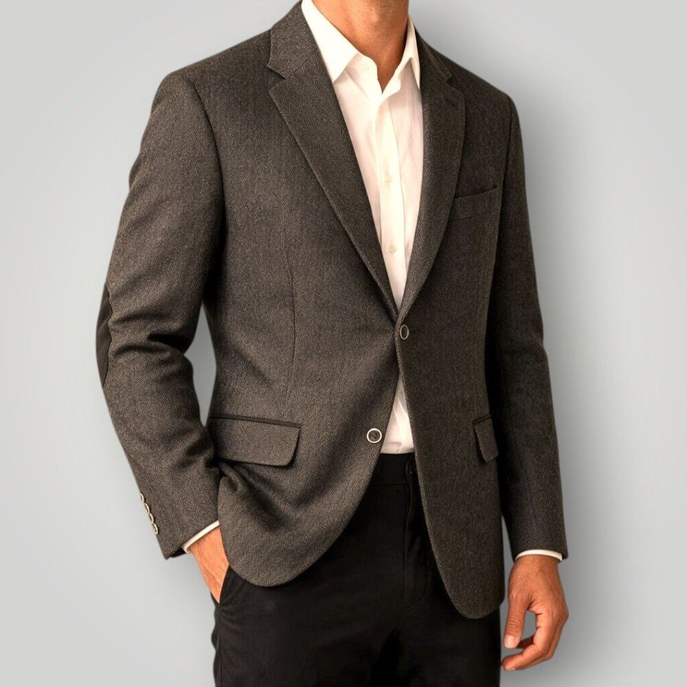 TASSO ELBA Mens Blazer Sport Coat Jacket L 42-44 TWEED WOOL Herringbone Brown